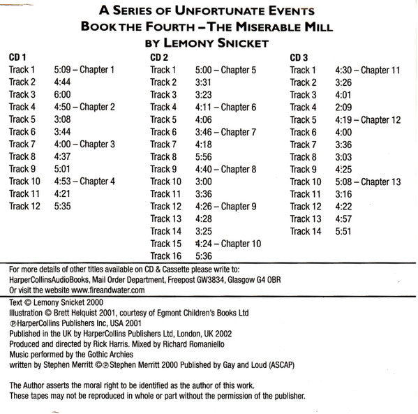 Lemony Snicket Read By Lemony Snicket : A Series Of Unfortunate Events: Book The Fourth - The Miserable Mill (3xCD)