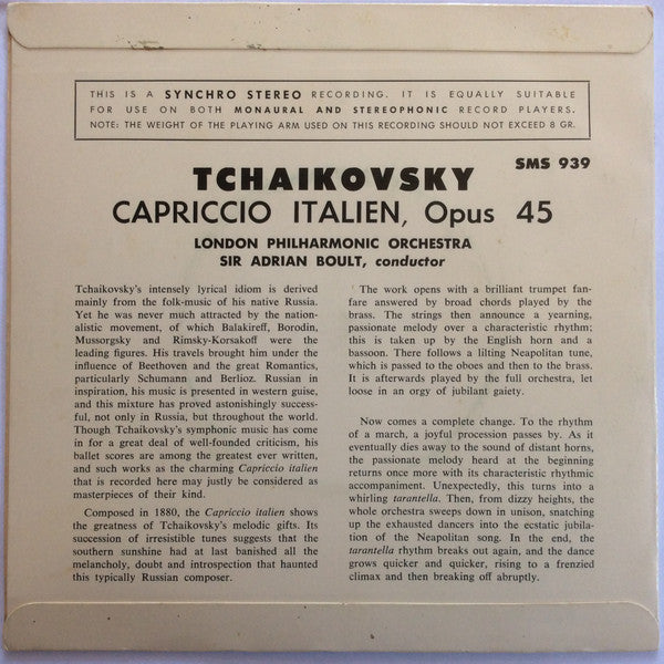 Pyotr Ilyich Tchaikovsky - London Philharmonic Orchestra, Sir Adrian Boult : Capriccio Italien (7", Yel)