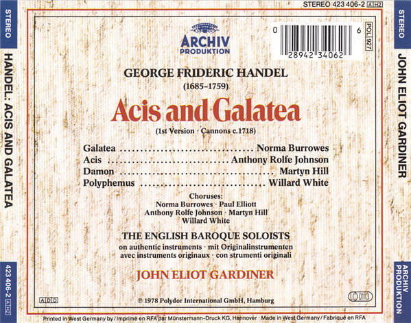 Georg Friedrich Händel - Norma Burrowes, Anthony Rolfe Johnson, Martyn Hill, Willard White, The English Baroque Soloists, John Eliot Gardiner : Acis And Galatea (2xCD, Album, RE)