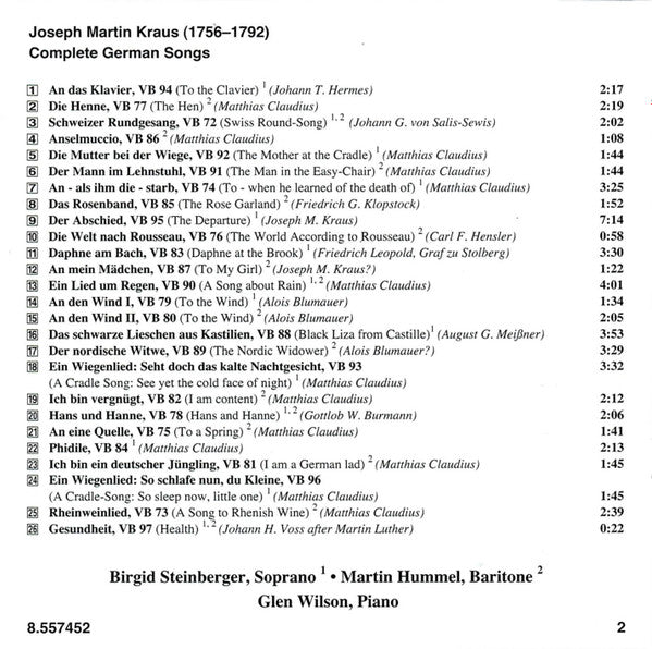 Joseph Martin Kraus - Birgid Steinberger, Martin Hummel, Glen Wilson : Complete German Songs (An Das Klavier • Das Rosenband • Anselmuccio) (CD, Album, RE)