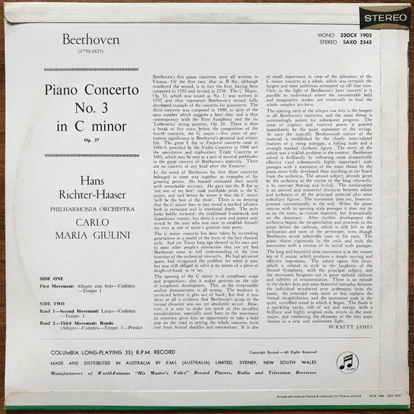Beethoven* / Hans Richter-Haaser , Piano. /  Philharmonia Orchestra, Carlo Maria Giulini : Piano Concerto No. 3 In C Minor, Op. 37 (LP, Album)