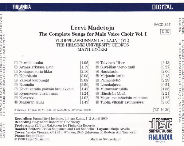 Leevi Madetoja, Ylioppilaskunnan Laulajat The Helsinki University Chorus Matti Hyökki : Complete Songs For Male Voice Choir Vol.1  (CD)
