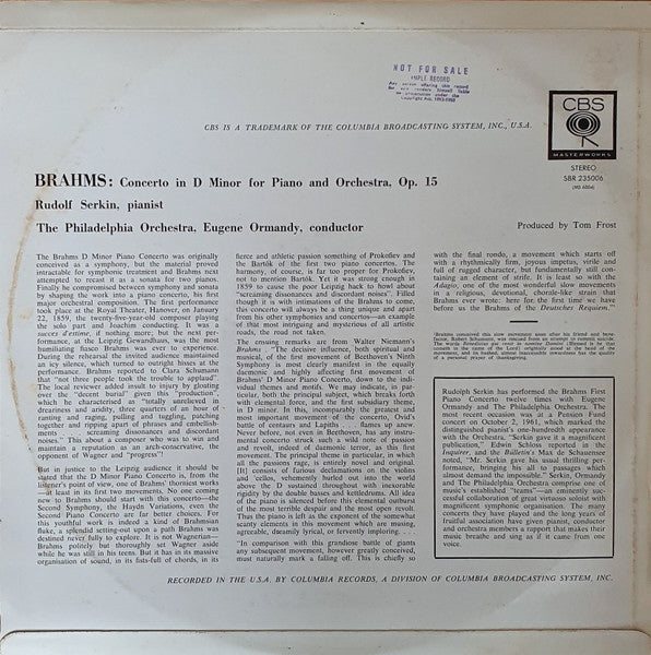 Rudolf Serkin / Eugene Ormandy, The Philadelphia Orchestra / Johannes Brahms : Piano Concerto No.1 In D Minor (LP, Album)