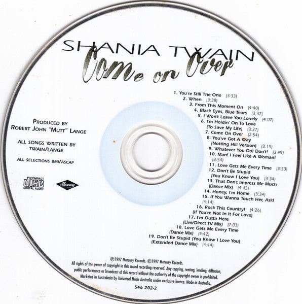 Shania Twain : Come On Over (CD, Album, RE, RP, S/Edition, Aus)