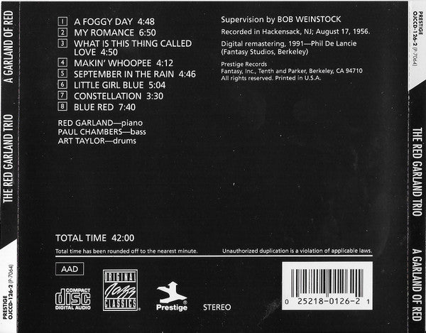 The Red Garland Trio With Paul Chambers (3) And Art Taylor : A Garland Of Red (CD, Album, RE, RM)