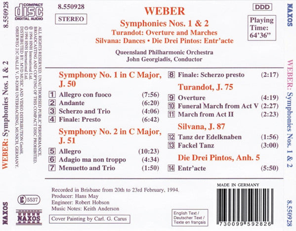Weber* - Queensland Philharmonic Orchestra, John Georgiadis : Symphonies Nos. 1 & 2 • Turandot • Silvana • Die Drei Pintos (CD, Album)