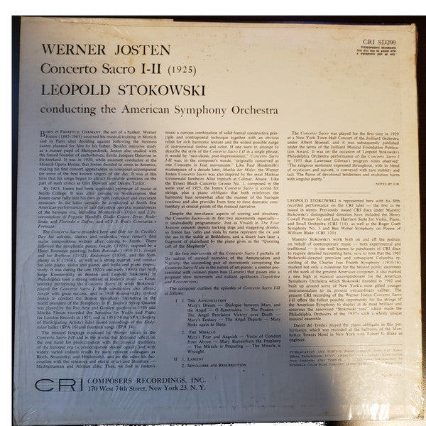 Werner Josten, David Del Tredici : Concerto Sacro I-II (LP)