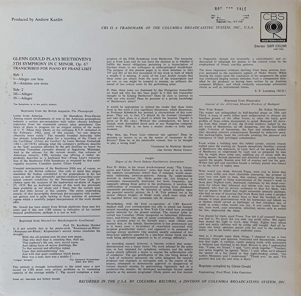 Glenn Gould Plays Beethoven* Composed By Franz Liszt : Beethoven Fifth Symphony In C Minor, Op. 67   (LP, Album)