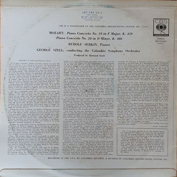 Wolfgang Amadeus Mozart - Rudolf Serkin, George Szell, Columbia Symphony Orchestra : Piano Concerto No. 19 In F Major, K. 459 / Piano Concerto No. 20 In D Minor, K. 466 (LP, Album)