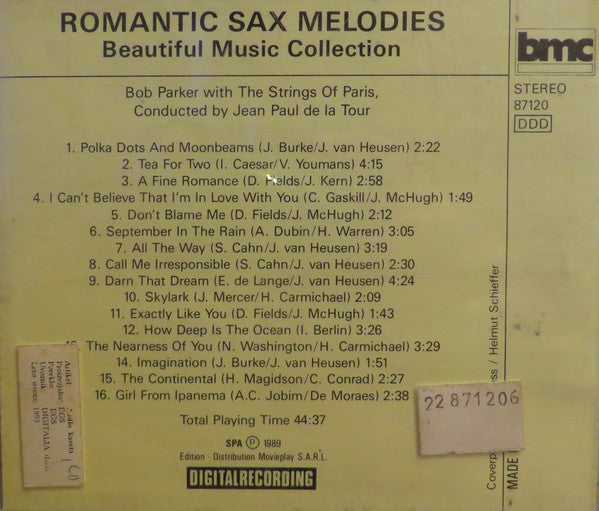 Bob Parker (8) With Strings Of Paris Conducted By Jean Paul De La Tour : Romantic Sax Melodies (CD, Album)