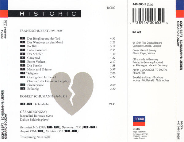 Gérard Souzay, Jacqueline Bonneau : Schubert: Lieder / Schumann: Dichterliebe (CD, Album, Mono)