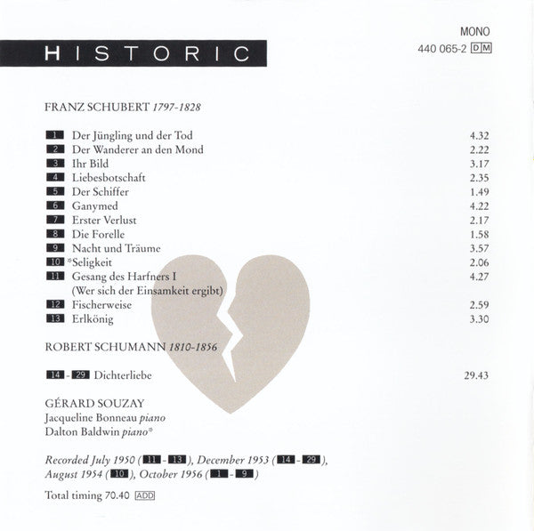 Gérard Souzay, Jacqueline Bonneau : Schubert: Lieder / Schumann: Dichterliebe (CD, Album, Mono)