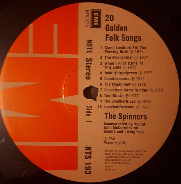 The Spinners : 20 Golden Folk Songs (LP, Comp)