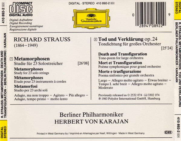 Richard Strauss, Herbert von Karajan · Berliner Philharmoniker : Metamorphosen · Tod und Verklärung (CD, Album, RE)