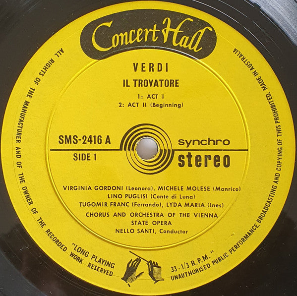 Verdi* \ Virginia Gordoni, Nedda Casei, Michele Molese, Lino Puglisi, Tugomir Franc, Adolf Dallapozza, Chorus* And Orchestra Of The Vienna State Opera*, Nello Santi : Il Trovatore (Opera In 4 Acts By Verdi) (2xLP, Album)