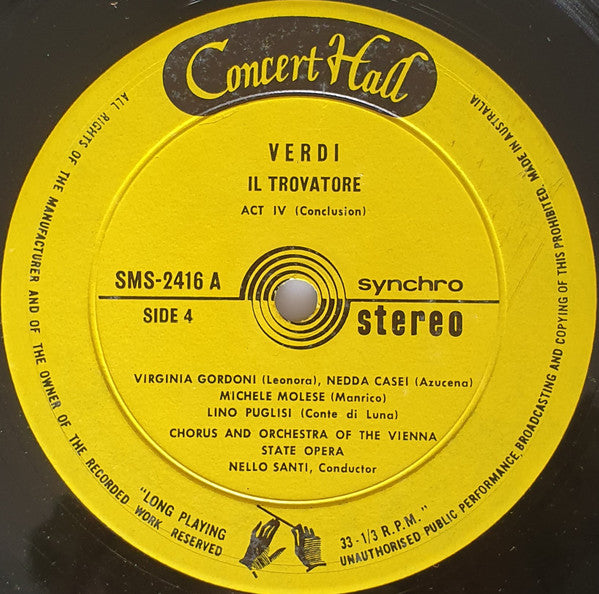 Verdi* \ Virginia Gordoni, Nedda Casei, Michele Molese, Lino Puglisi, Tugomir Franc, Adolf Dallapozza, Chorus* And Orchestra Of The Vienna State Opera*, Nello Santi : Il Trovatore (Opera In 4 Acts By Verdi) (2xLP, Album)