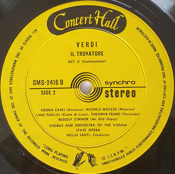 Verdi* \ Virginia Gordoni, Nedda Casei, Michele Molese, Lino Puglisi, Tugomir Franc, Adolf Dallapozza, Chorus* And Orchestra Of The Vienna State Opera*, Nello Santi : Il Trovatore (Opera In 4 Acts By Verdi) (2xLP, Album)