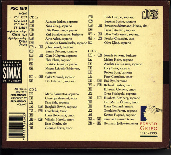 Edvard Grieg : The Vocal Music In Historic Interpretations (3xCD, Comp)
