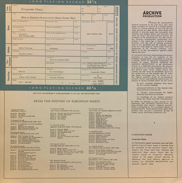 Choir Of The Monks Of The Benedictine Abbey Of St. Martin, Beuron* Direction: Pater Maurus Pfaff : Gregorian Chant: Missa In Dominica Resurrectionis (Easter Sunday Mass) (LP, Album, Mono)