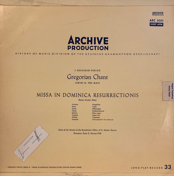 Choir Of The Monks Of The Benedictine Abbey Of St. Martin, Beuron* Direction: Pater Maurus Pfaff : Gregorian Chant: Missa In Dominica Resurrectionis (Easter Sunday Mass) (LP, Album, Mono)