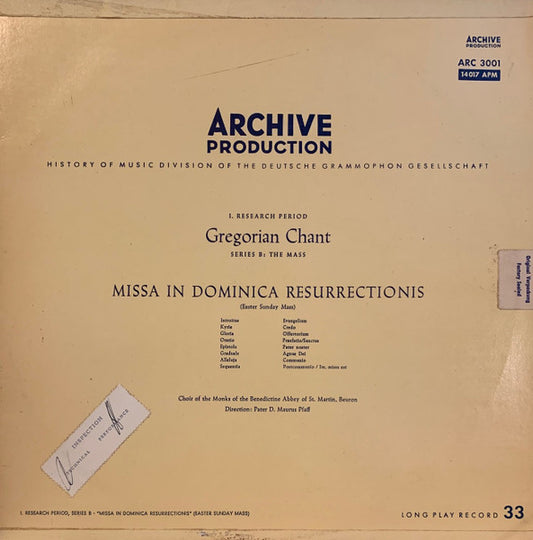 Choir Of The Monks Of The Benedictine Abbey Of St. Martin, Beuron* Direction: Pater Maurus Pfaff : Gregorian Chant: Missa In Dominica Resurrectionis (Easter Sunday Mass) (LP, Album, Mono)