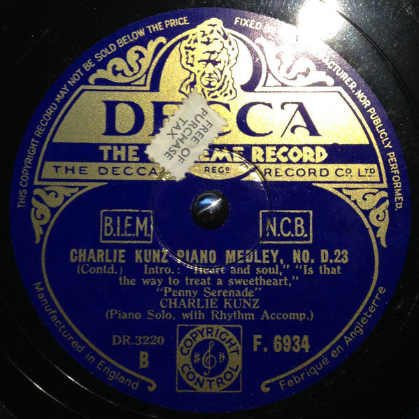 Charlie Kunz : Piano Medley, No. D. 23 (Shellac, 10", Mono)