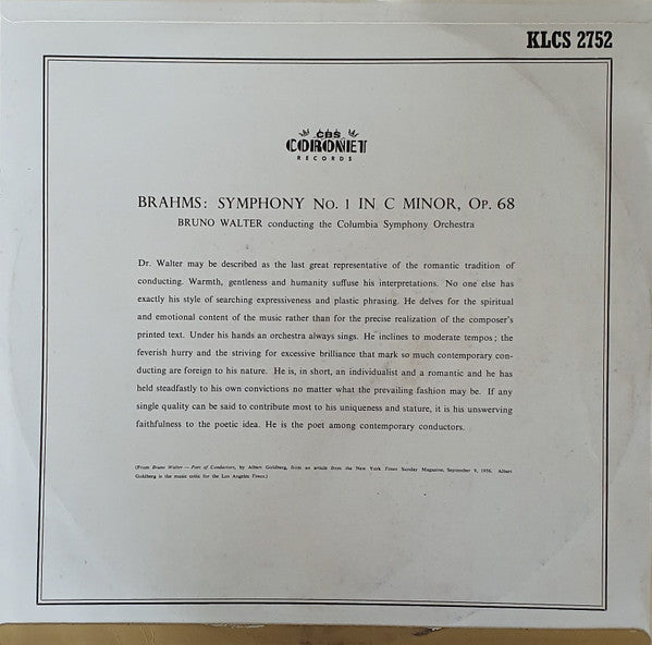 Brahms* - Bruno Walter Conducting The Columbia Symphony Orchestra : Symphony No. 1 (LP)