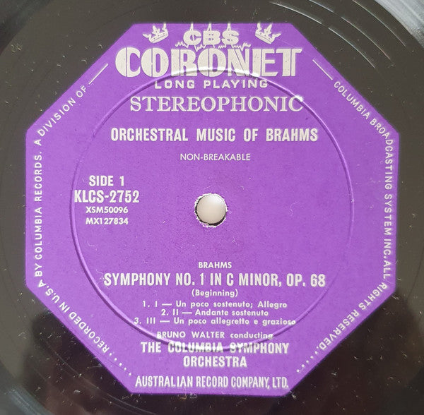 Brahms* - Bruno Walter Conducting The Columbia Symphony Orchestra : Symphony No. 1 (LP)