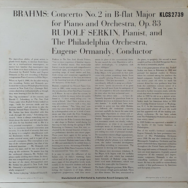 Rudolf Serkin - Johannes Brahms : The Philadelphia Orchestra / Eugene Ormandy : Piano Concerto No. 2 (LP)