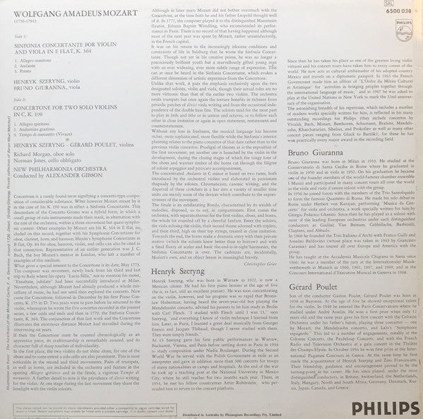 Mozart* / Henryk Szeryng, Bruno Giuranna, Gérard Poulet, New Philharmonia Orchestra, Alexander Gibson : Konzertante Sinfonie für Violine und Viola Es-Dur, KV 364. Concertone für zwei Soloviolinen C-dur, KV 190 (LP)