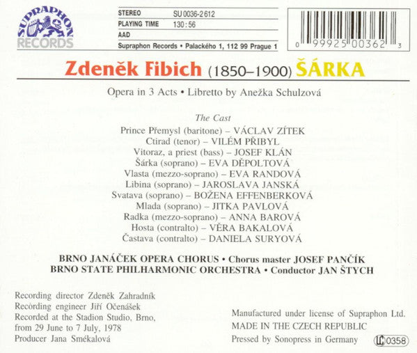 Fibich* - Děpoltová*, Přibyl*, Randová*, Brno State Philharmonic Orchestra, Jan Štych : Šárka (3xCD, Album, RE, RM)