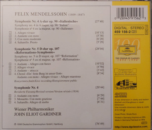 Mendelssohn*, John Eliot Gardiner, Wiener Philharmoniker : Symphonies No. 4 "Italian" ∙ Original And Revised Versions / No. 5 "Reformation" (CD, RE)
