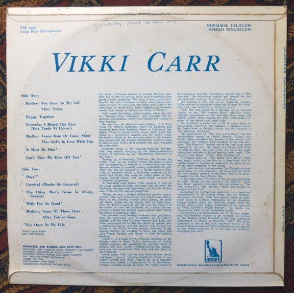 Vikki Carr : For Once In My Life (LP, Album, Fli)