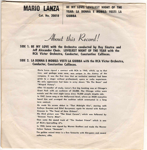 Mario Lanza : Mario Lanza (7", EP, Mono)