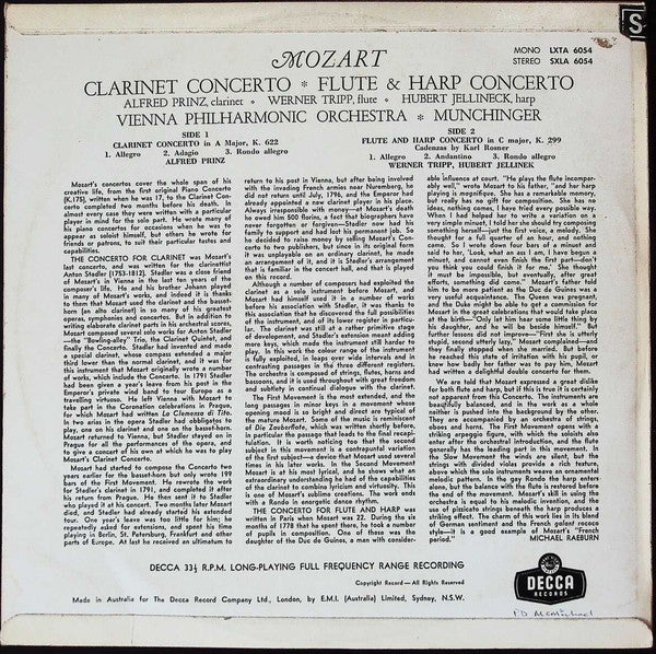 Mozart*, Alfred Prinz ∙ Werner Tripp ∙ Hubert Jellinek*, Vienna Philharmonic Orchestra* ∙ Münchinger* : Clarinet Concerto ∙ Flute & Harp Concerto (LP)
