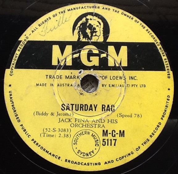 Jack Fina And His Orchestra : Saturday Rag / South (Shellac, 10")