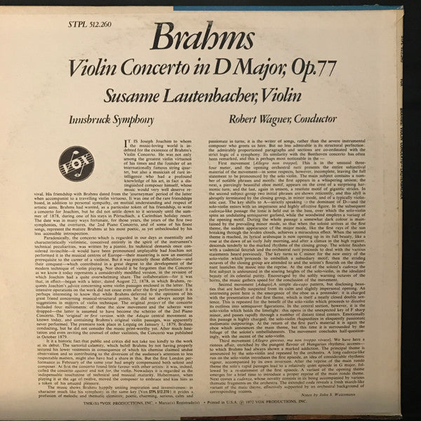 Johannes Brahms, Susanne Lautenbacher, Symphonieorchester Innsbruck, Robert Wagner (4) : Violin Concerto In D Major, Op.77 (LP, Album)