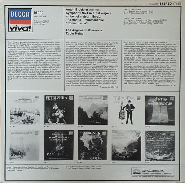 Anton Bruckner - Los Angeles Philharmonic Orchestra •  Zubin Mehta : Symphony No. 4 'Romantic' (LP)