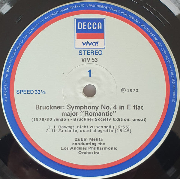 Anton Bruckner - Los Angeles Philharmonic Orchestra •  Zubin Mehta : Symphony No. 4 'Romantic' (LP)