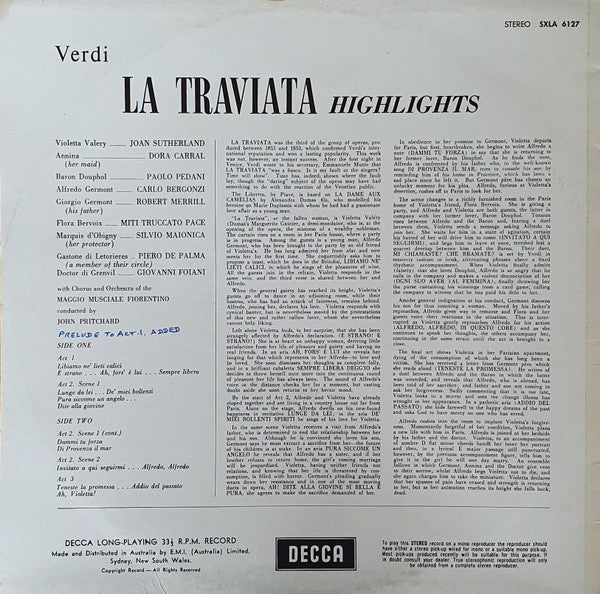 Giuseppe Verdi •  Joan Sutherland - Carlo Bergonzi •  Robert Merrill - Coro Del Maggio Musicale Fiorentino And Orchestra Del Maggio Musicale Fiorentino, John Pritchard : La Traviata (Highlights) (LP, RE)