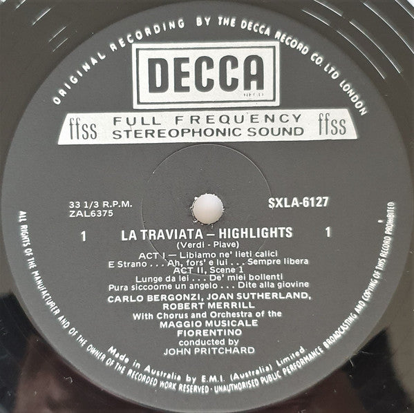 Giuseppe Verdi •  Joan Sutherland - Carlo Bergonzi •  Robert Merrill - Coro Del Maggio Musicale Fiorentino And Orchestra Del Maggio Musicale Fiorentino, John Pritchard : La Traviata (Highlights) (LP, RE)
