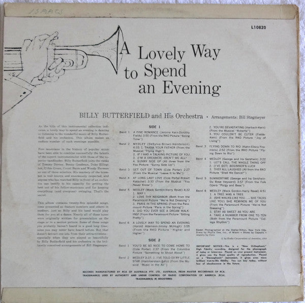 Billy Butterfield And His Orchestra : A Lovely Way To Spend An Evening (LP, Album, Mono)