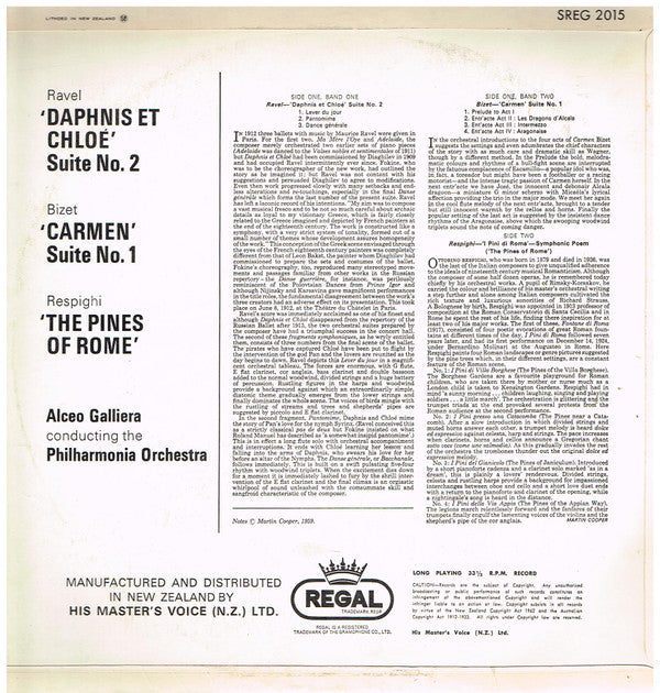 Alceo Galliera, Ravel*, Bizet*, Respighi*, The Philharmonia Orchestra* : Daphnis Et Chloe Suite No. 2 / Carmen Suite No.1 / Pini Di Roma (LP, RE)