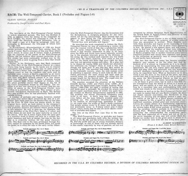 Johann Sebastian Bach / Glenn Gould : The Well-Tempered Clavier, Book I, Preludes And Fugues 1-8 (LP, Album, Mono)