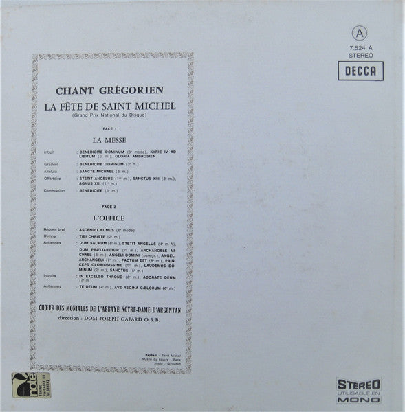 Chœur Des Moniales De L'Abbaye Notre-Dame D'Argentan*, Dom Joseph Gajard O.S.B.* : Chant Grégorien - La Fête De Saint Michel (LP)