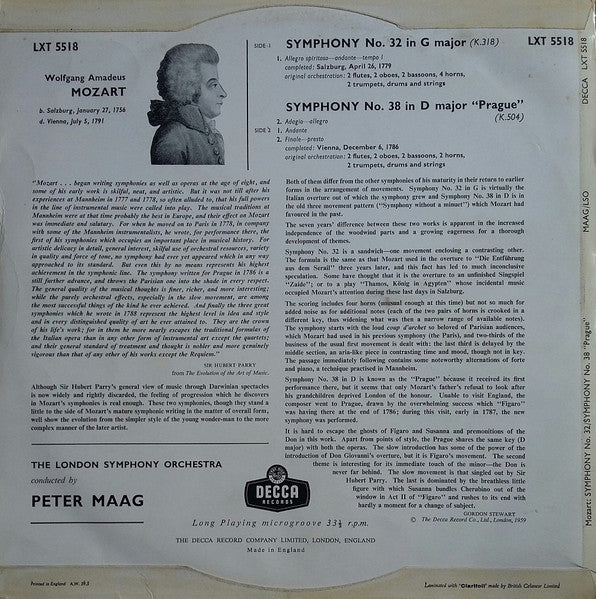 Mozart*, Maag*, London Symphony Orchestra : Symphony No. 32 / Symphony No. 38 "Prague" (LP, Mono)