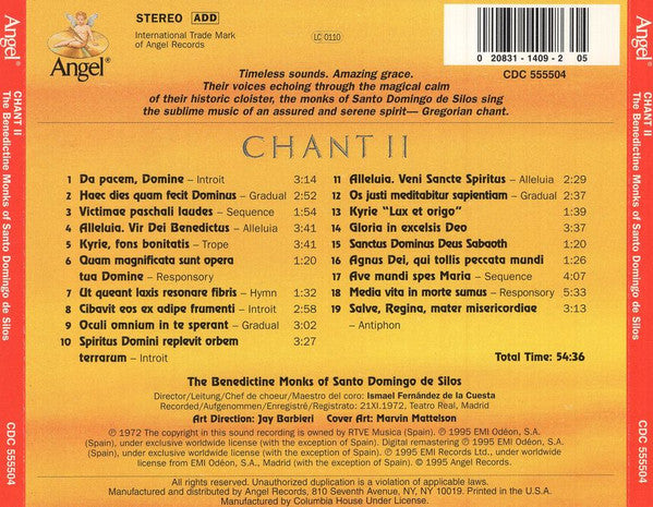 The Benedictine Monks Of Santo Domingo De Silos* : Chant II (CD, Album, Club, RM)