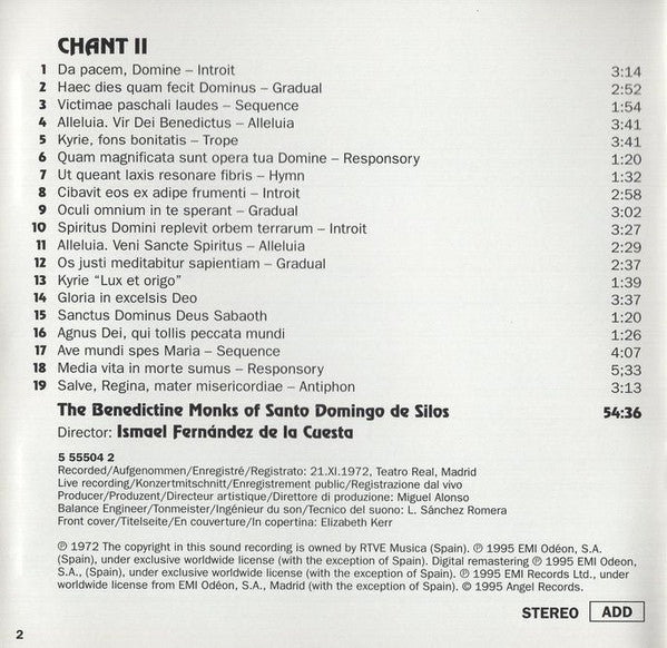 The Benedictine Monks Of Santo Domingo De Silos* : Chant II (CD, Album, Club, RM)