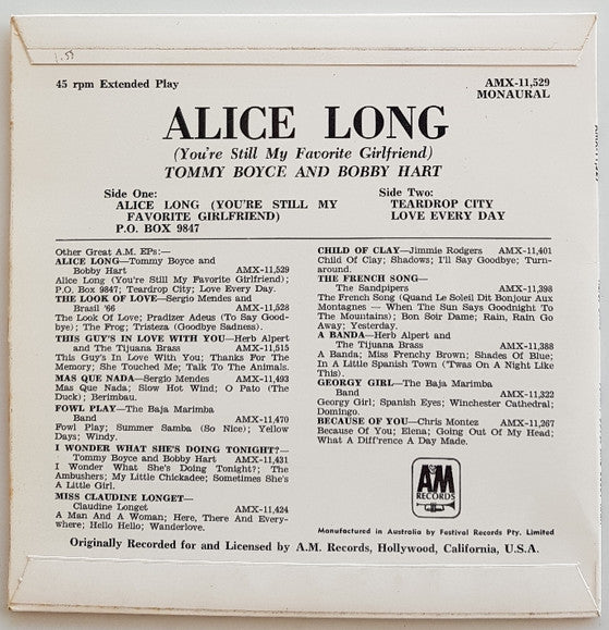 Tommy Boyce & Bobby Hart* : Alice Long (7", EP, Mono)