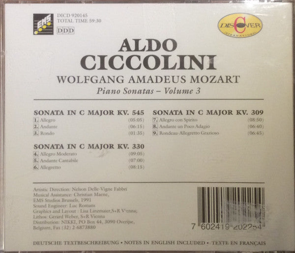 Aldo Ciccolini, Wolfgang Amadeus Mozart : Piano Sonatas - Volume 3 (CD, Album)